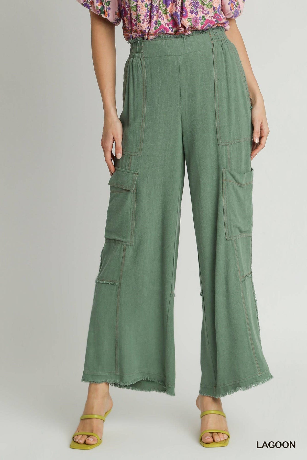 Linen Wide Pants With Fray Side Pockets