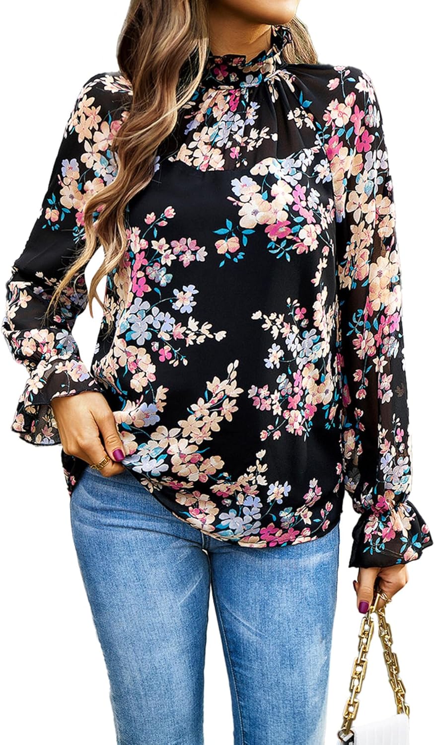 Bright Floral Print Smocked Ruffle Trim Blouse