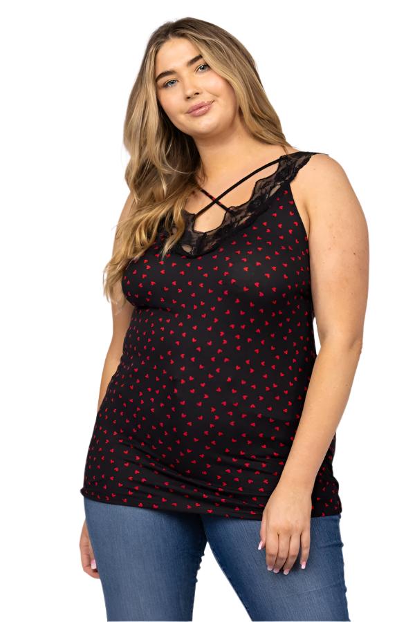 Noir Black W/ Red Heart Prints Lace V Neck Criss Cross Plus