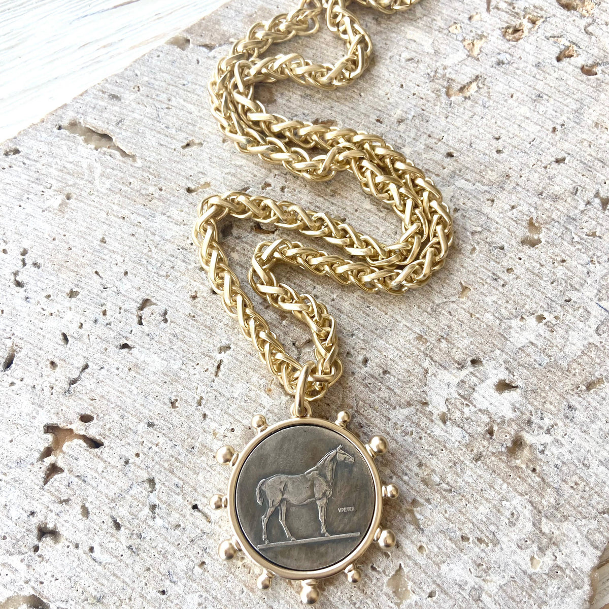 Matte Gold Horse French Bee Coin Necklace