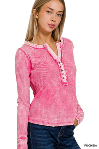 Washed Baby Waffle Henley Neckline Long Sleeve Top