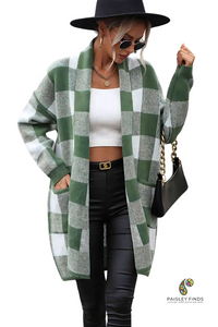 Plaid Oversized Cardigan W/Pockets - Green