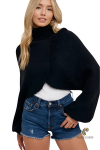 Turtle Neck Cropped Knit Pullover Blk M/L