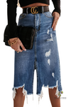 Irregular Slit Ripped Tassels Midi Denim Skirt