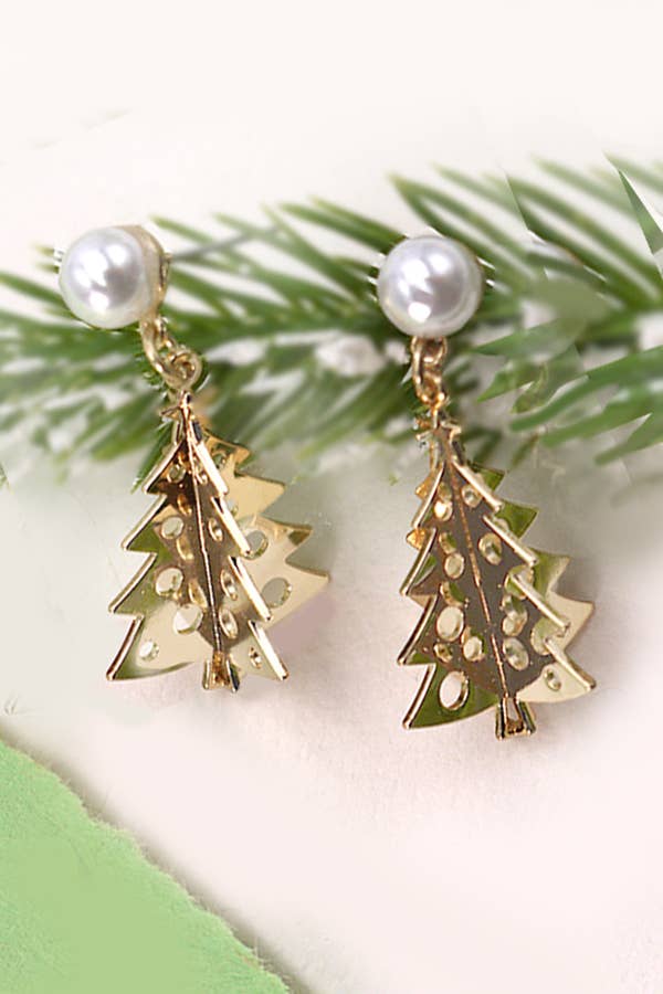 PEARL GOLD 3D CHRISTMAS TREE DANGLE EARRINGS | 80E1678