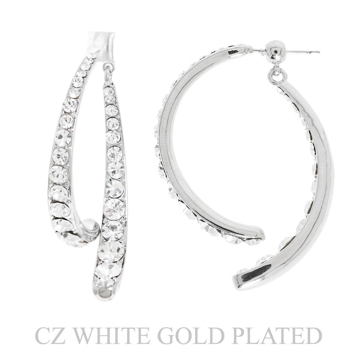 Silver CZ Cross Curved Crescent Earrings