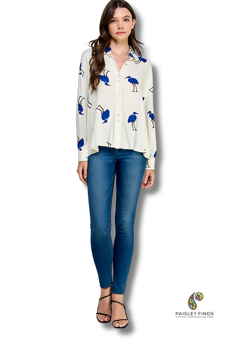 Bird Print  Button Down Shirt