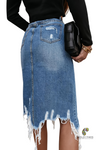 Irregular Slit Ripped Tassels Midi Denim Skirt