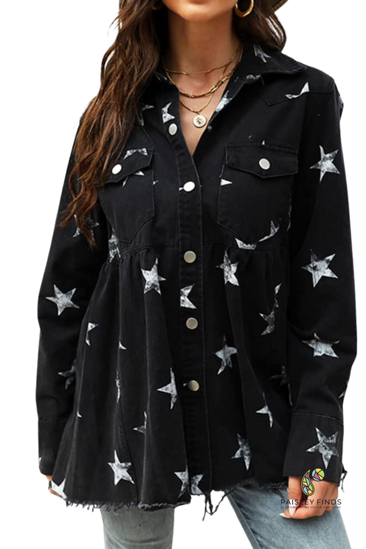 Stars Print Raw Hem Ripped Denim Jacket Shacket