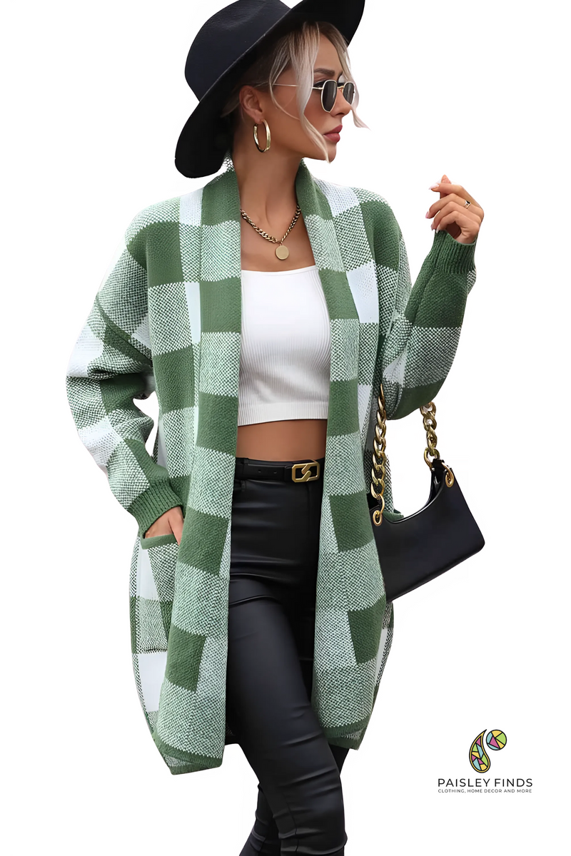 Plaid Oversized Cardigan W/Pockets - Green