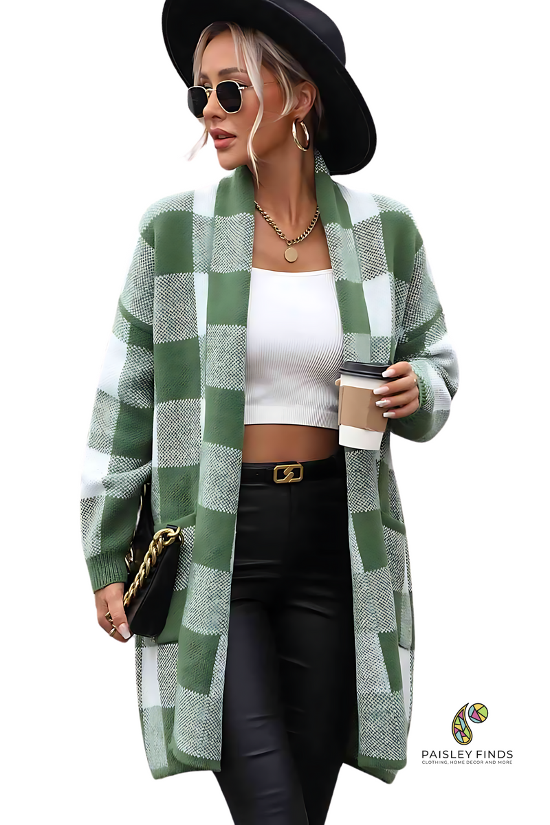 Plaid Oversized Cardigan W/Pockets - Green