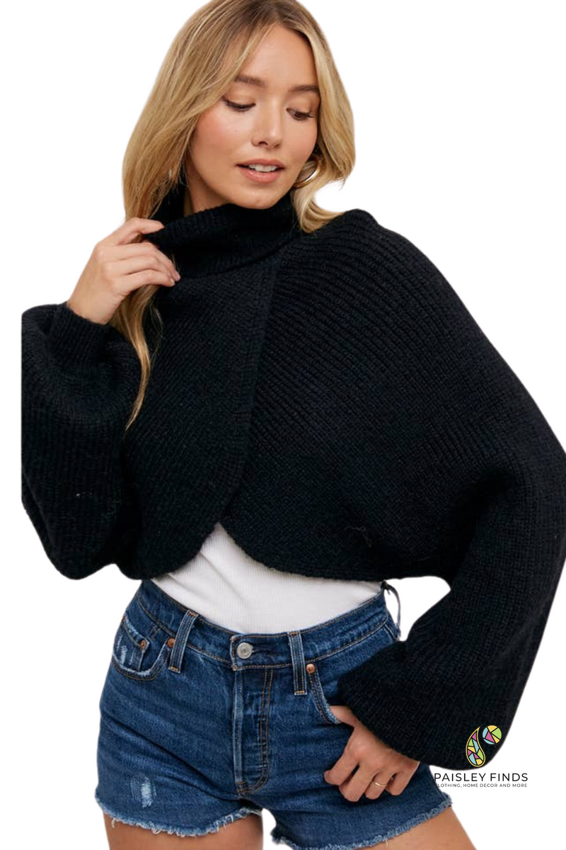 Turtle Neck Cropped Knit Pullover Blk M/L