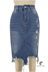 Irregular Slit Ripped Tassels Midi Denim Skirt