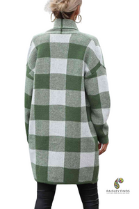 Plaid Oversized Cardigan W/Pockets - Green