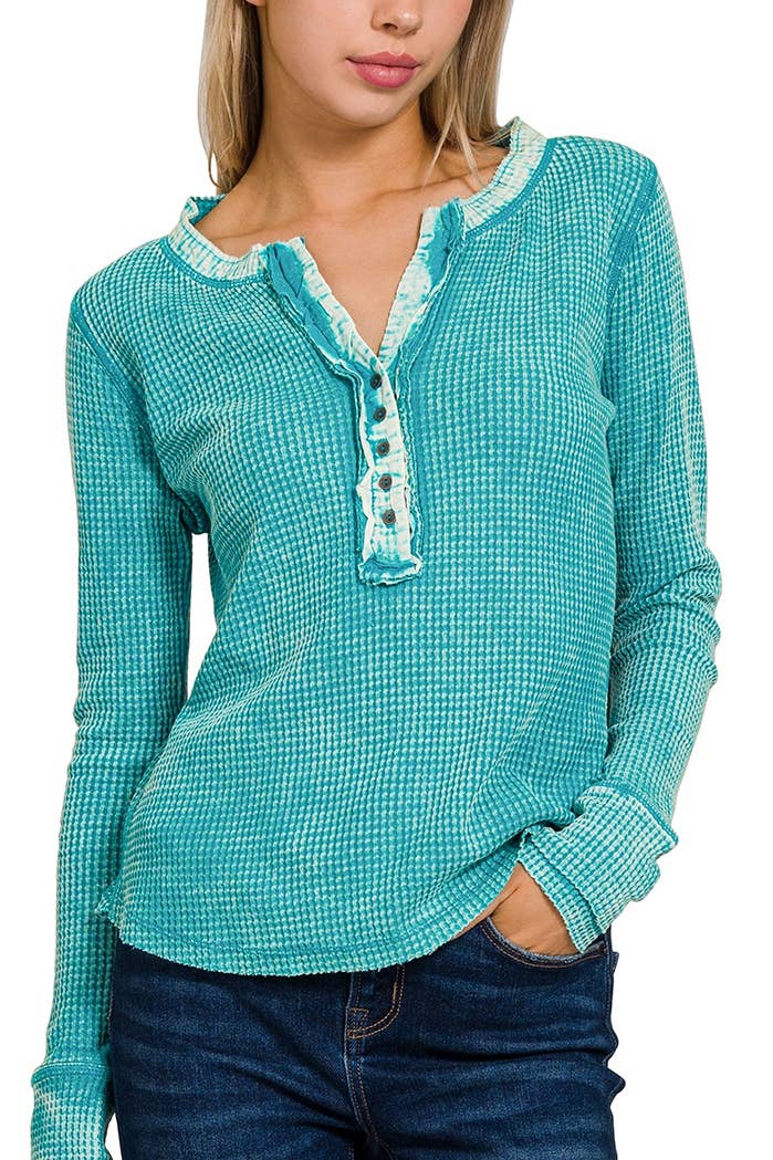 Washed Baby Waffle Henley Neckline Long Sleeve Top