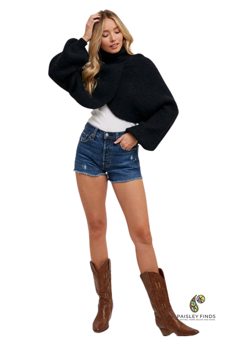 Turtle Neck Cropped Knit Pullover Blk M/L