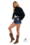 Turtle Neck Cropped Knit Pullover Blk M/L