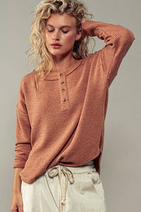 Textured Knit Henley - Terra Cotta