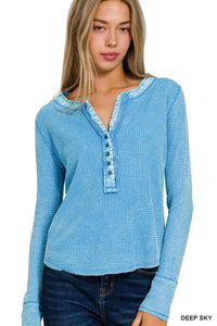 Washed Baby Waffle Henley Neckline Long Sleeve Top