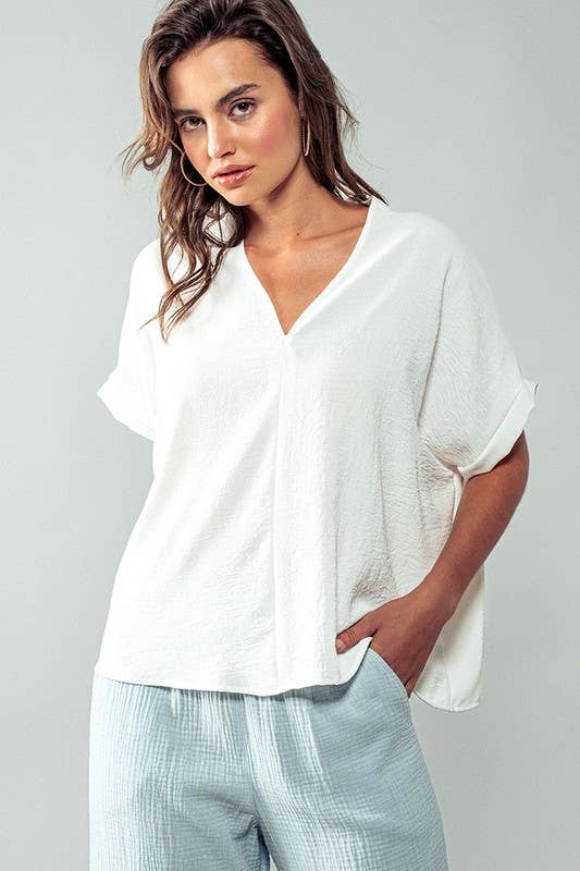 OVERSIZED VNECK FOLDED SHORT SLEEVE TOP-FALL