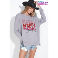 Merry christmas glitter side slit long sleeve top