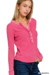 Washed Baby Waffle Henley Neckline Long Sleeve Top