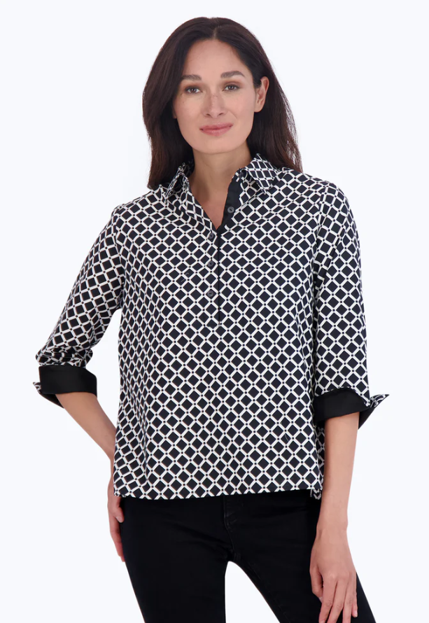 Foxcroft Black And White Button Down Xs