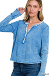 Washed Baby Waffle Henley Neckline Long Sleeve Top