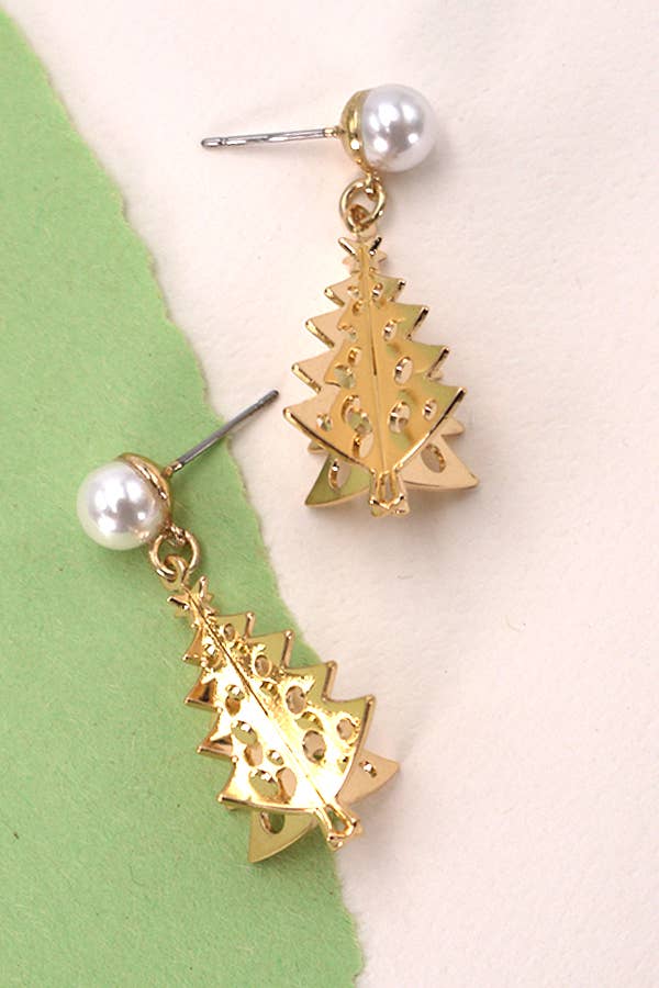 PEARL GOLD 3D CHRISTMAS TREE DANGLE EARRINGS | 80E1678