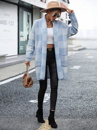 Plaid Oversized Cardi W Pockets - Blue