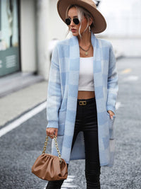 Plaid Oversized Cardi W Pockets - Blue