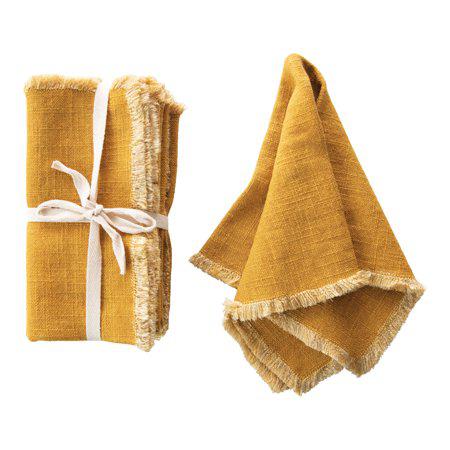 Creative Co-Op Mustard Square Linen Blend Napkin with Fringe Trim (Set of 4)