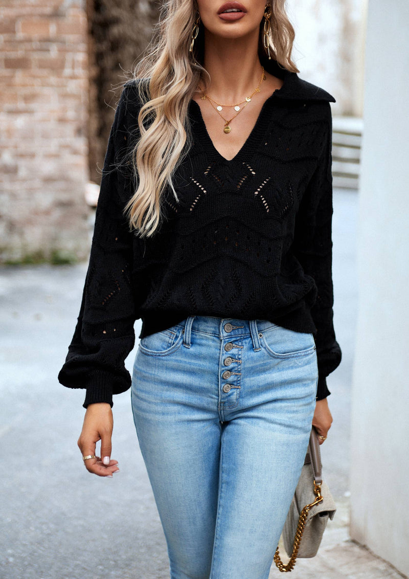 Black Collared Knit Pullover Sweater