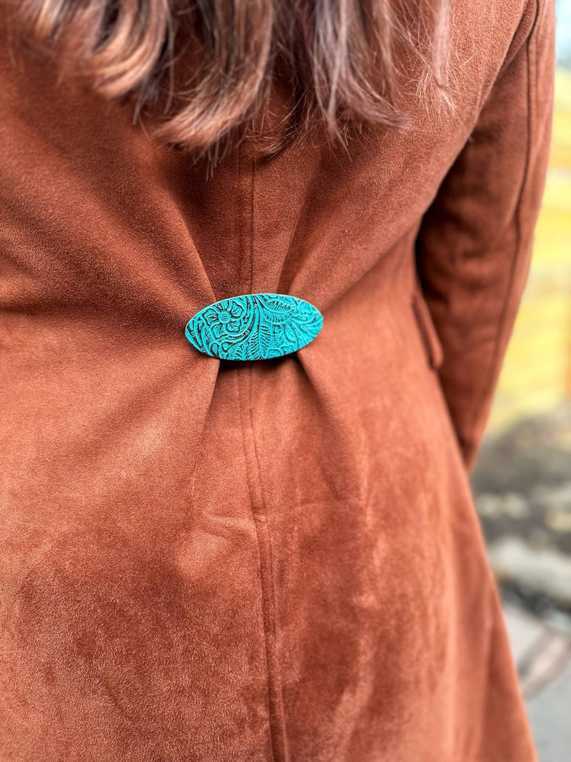 Cardigan & Sweater Cinch Clip - Copper Embossed Teal Leather