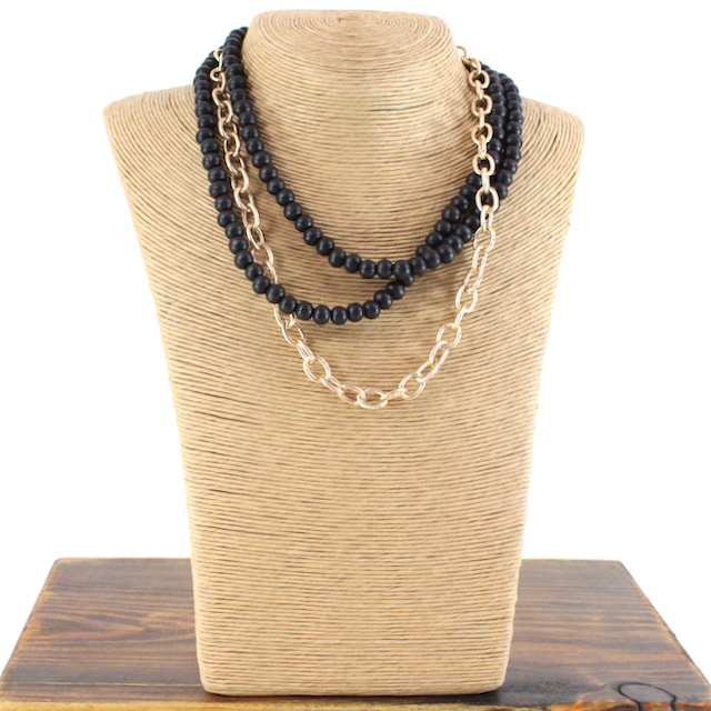 3-Layer Wood Beads Chain Necklace Jet