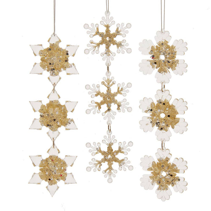 Light Gold And Clear Snowflake Ornaments, 3 Assorted