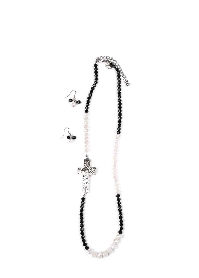 Single Black & White Sparkle Bead W/ Silver Cross Necklace