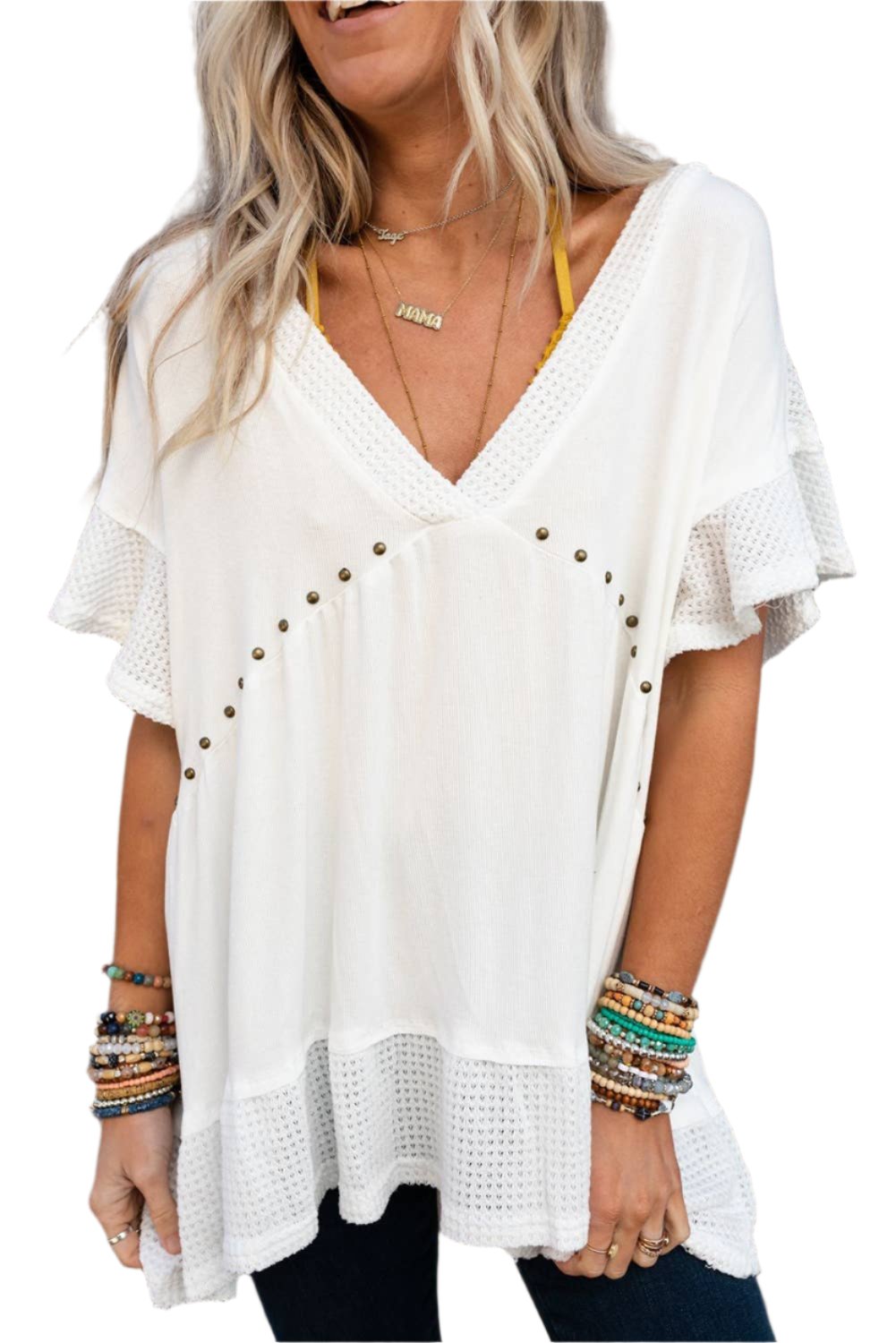 White Knit Splicing V Neck Studded Blouse